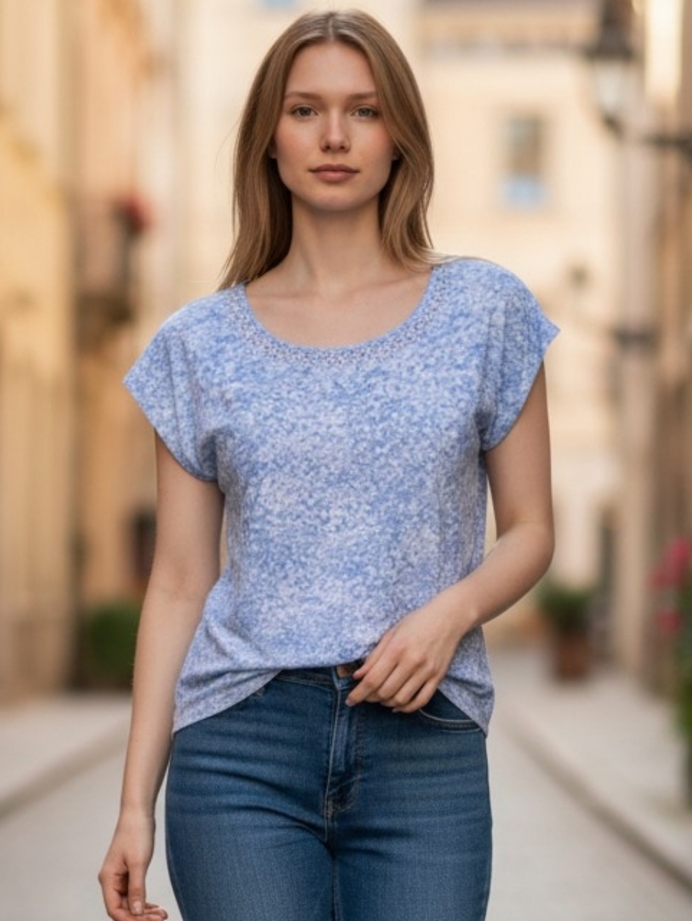 hearts of palm Light Blue Jeweled Scoop Neck Short Sleeve Tee